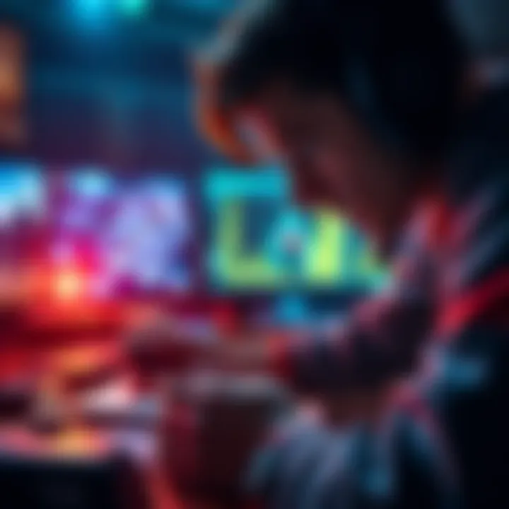 Gamer facing tough challenge A gamer intensely focused on a difficult video game level, surrounded by strategy notes and controllers, showcasing determination to overcome challenges.