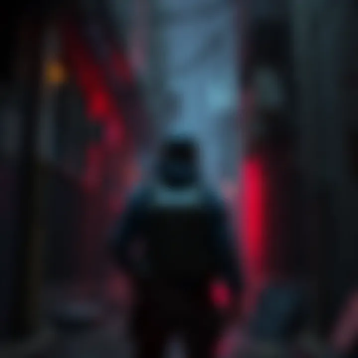 A gamer stands ready to fight Volatiles in a shadowy alley, equipped with weapons and supplies, contemplating the next move.