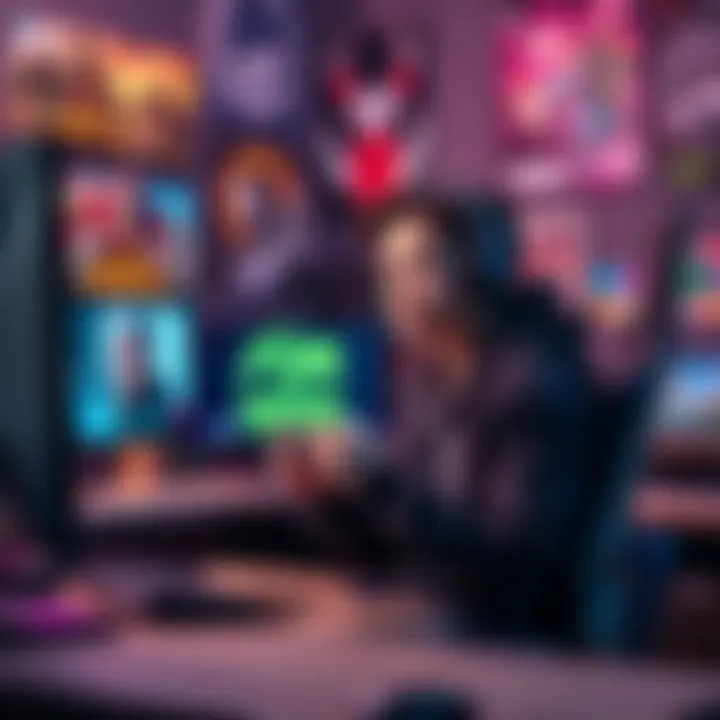 A teenager sitting in front of a computer with a game controller, surrounded by game posters, thinking about their favorite and least favorite games.