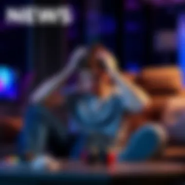 A gamer sitting on a couch looks uncomfortable while playing a video game, holding their head with a distressed expression, surrounded by gaming gear.