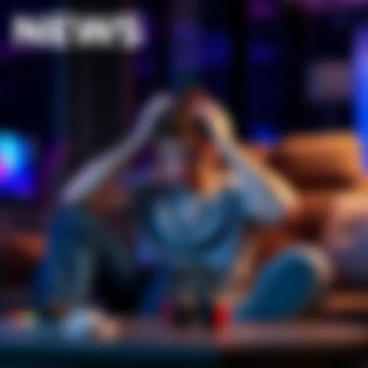A gamer sitting on a couch looks uncomfortable while playing a video game, holding their head with a distressed expression, surrounded by gaming gear.
