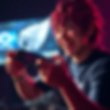 A happy gamer holding a controller with a Final Fantasy game on screen, showing excitement for their platinum trophy.