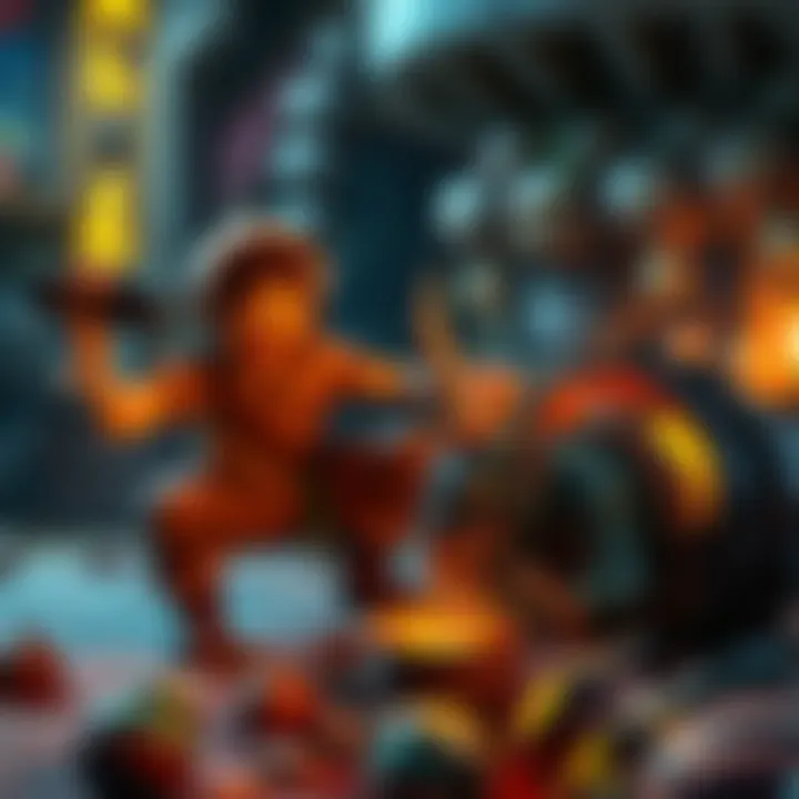 A gamer is excitedly discovering treasure dropped by a loot goblin near a glowing corrosive barrel in a vibrant game environment.