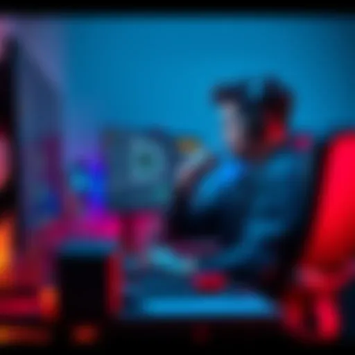 A gamer adjusting audio connections on a desk with a computer and speakers