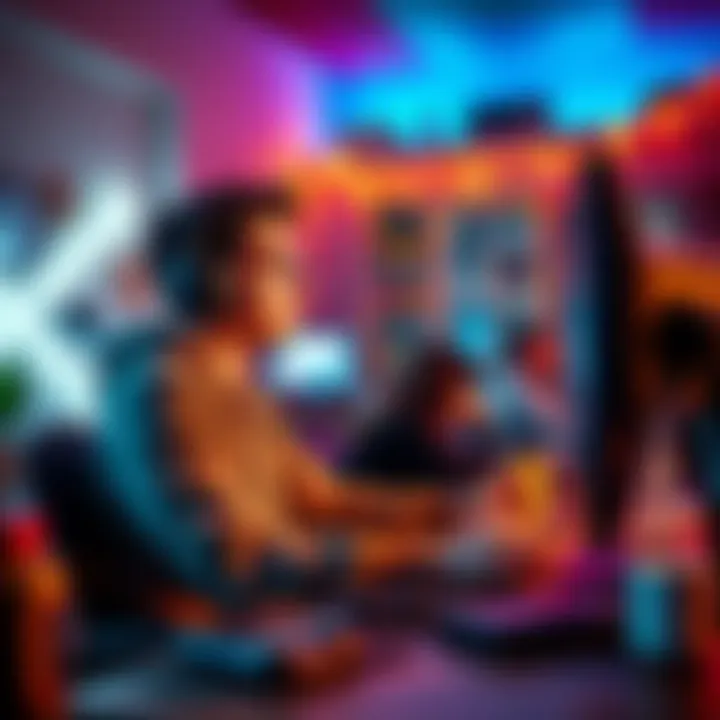 A person sitting at a desk, playing video games with headphones on, while family members are quietly engaging in activities nearby.