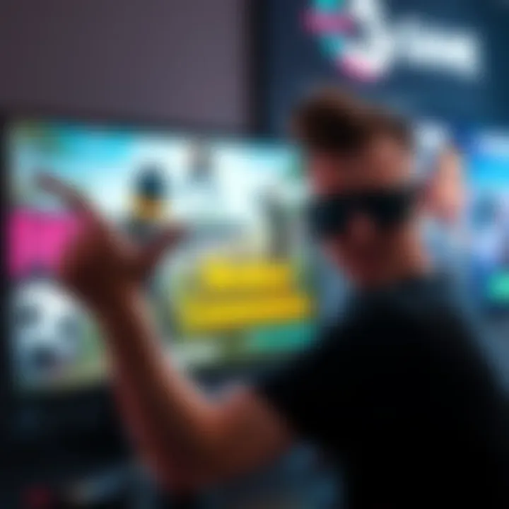 Gamer frustrated over broken emote A gamer shows frustration while pointing at a screen displaying a broken emote in a popular game, with game advertisements in the background.