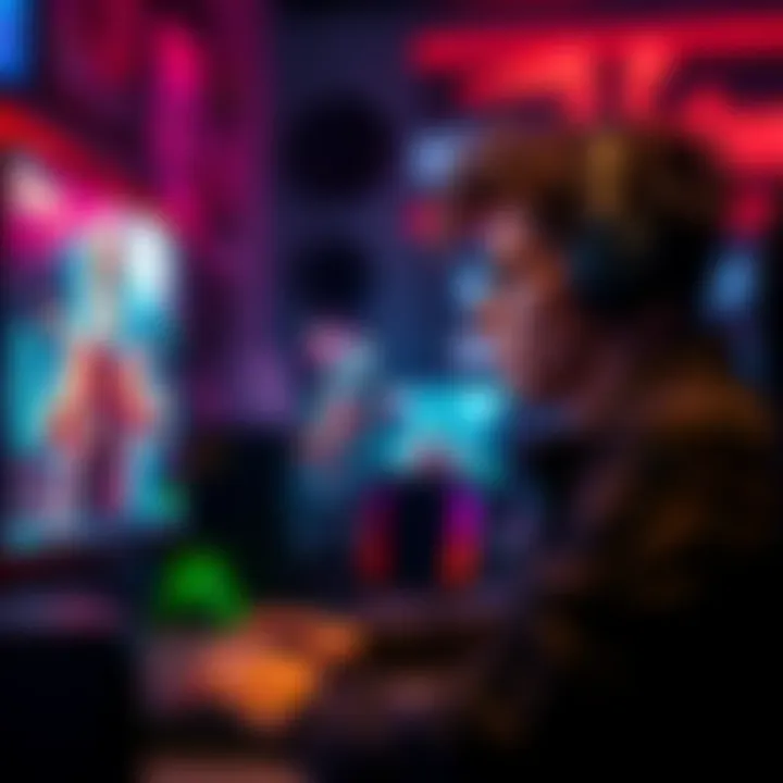 Gamer frustrated with FPS drops A gamer looking at a computer screen with lagging gameplay, showing signs of frustration.