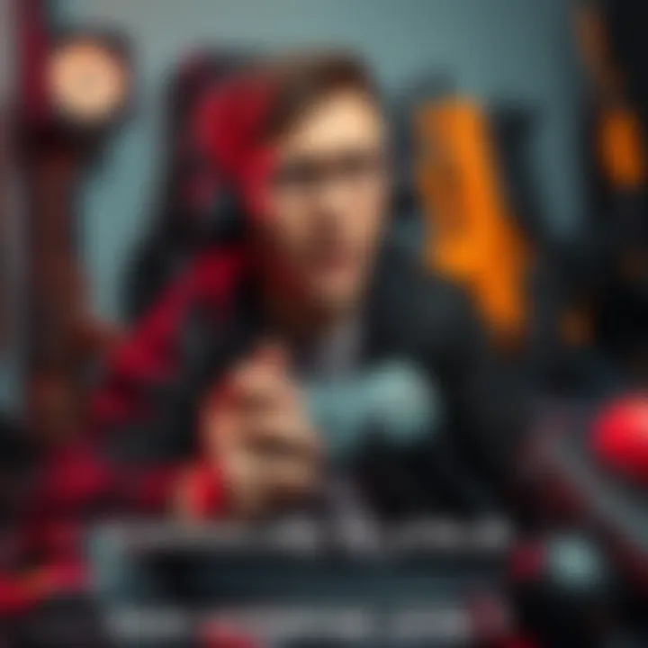 A gamer looks frustrated while holding a game controller, surrounded by various gaming guns and equipment, showing signs of struggling at expertise level 3