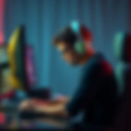 A frustrated gamer sitting in front of a computer screen, looking dejected after multiple defeats in a game, yet still wearing a gaming headset.