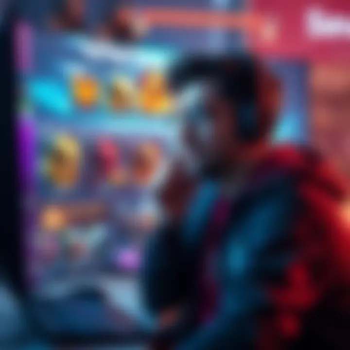 A gamer showing disappointment while browsing virtual shop for skins, with favorite heroes displayed on screen