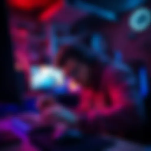 A gamer showing frustration while playing a shooter game, with a mouse in one hand and a keyboard in the other, in a dimly lit room filled with gaming gear.