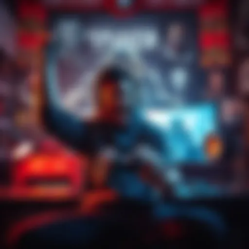 A gamer in a gaming setup, celebrating with a controller in hand, surrounded by Gears of War posters and gaming gear