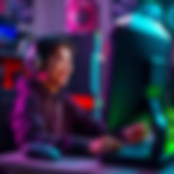 A gamer sitting in front of a computer, smiling nostalgically while looking at the screen, surrounded by gaming gear.