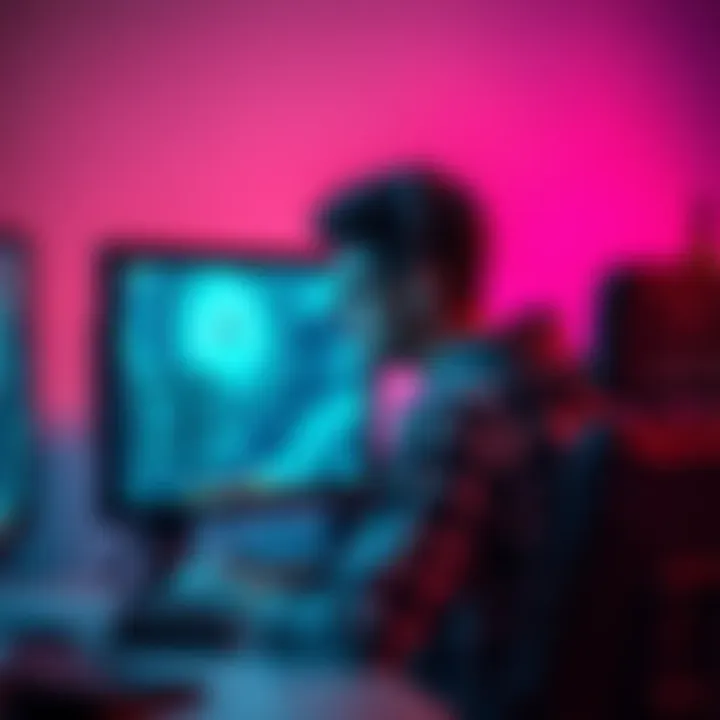 A gamer sits at a computer adjusting graphics settings, looking frustrated with pixelated textures on screen.