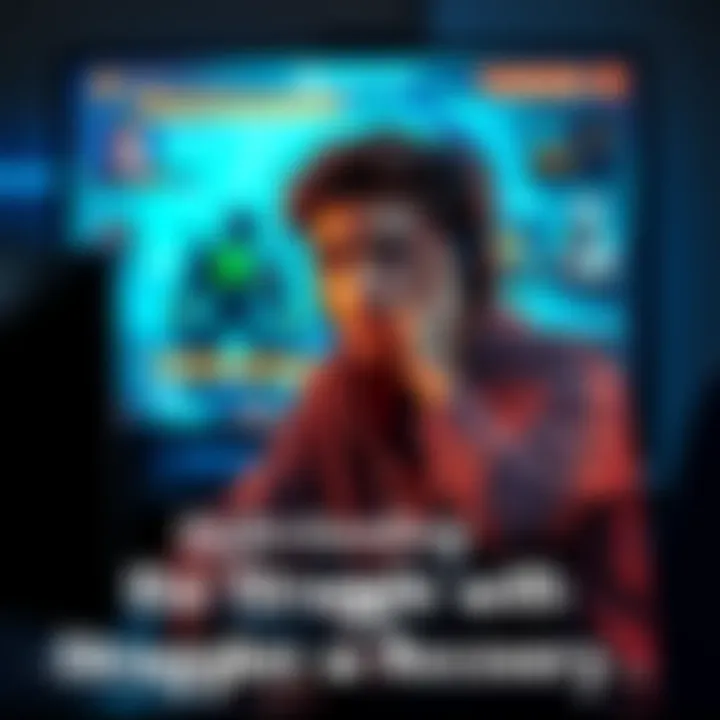 A gamer sitting in front of a screen, showing frustration while trying to recover health in a game. The game display shows health bars and character status, reflecting a challenge with recovery.