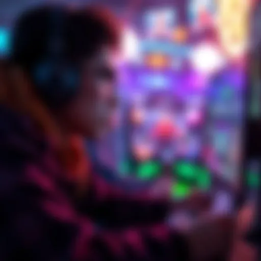 A gamer focused on their screen, surrounded by colorful game graphics and controllers, enjoying an immersive gaming experience