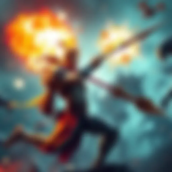 A gamer skillfully wields a lance while dodging explosive attacks from monsters