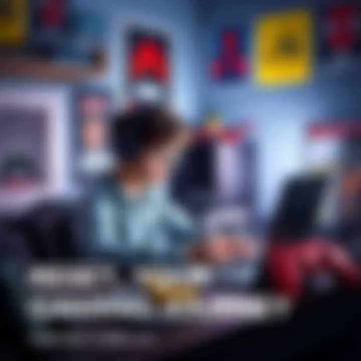 A young gamer sitting at a desk, writing in a notebook with a laptop open, surrounded by game controllers and posters