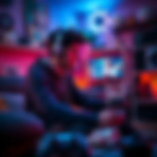 A gamer enjoying a video game with headphones on in a cozy room, surrounded by game controllers and snacks