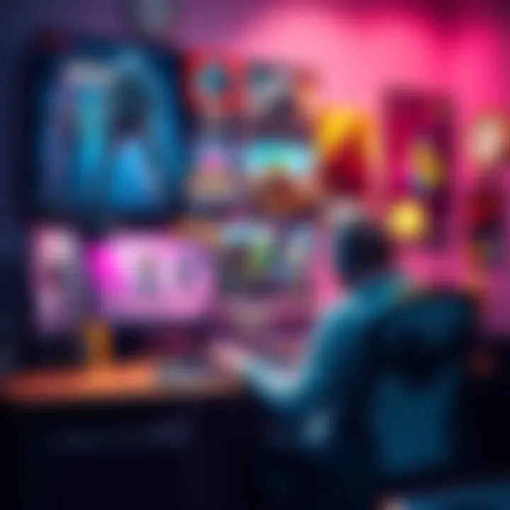 A gamer sits at a desk, surrounded by gaming posters, browsing a forum for new game suggestions.