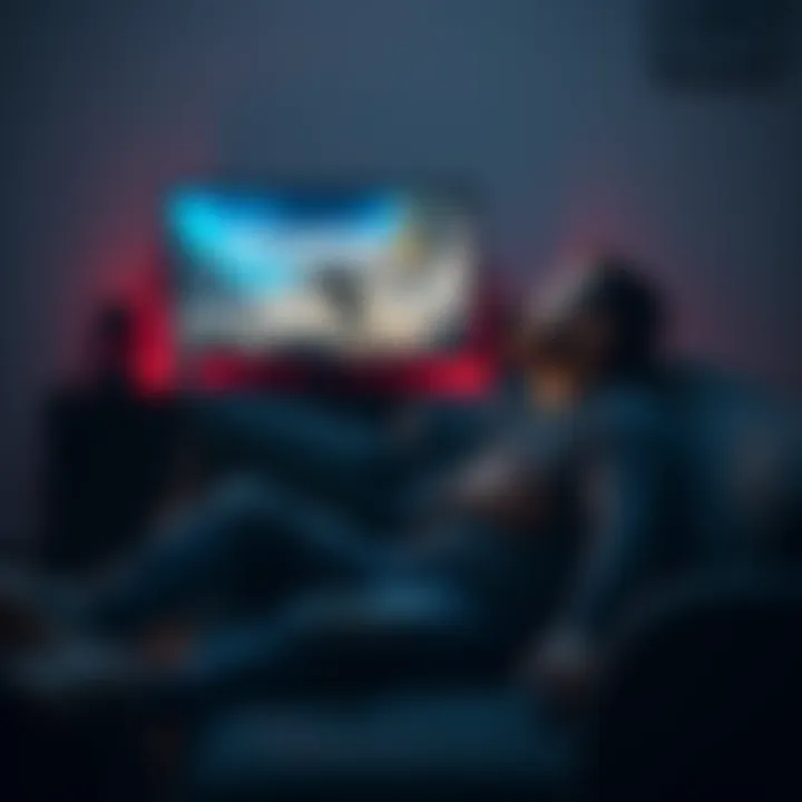 Person sitting on a couch, clutching their stomach, with a gaming console and screen displaying Uncharted 4