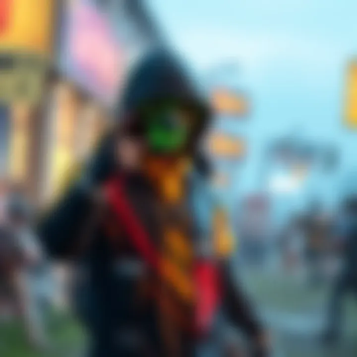 A gamer proudly displaying a vibrant and detailed character skin in a popular game setting.