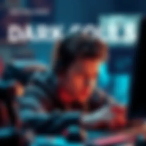 A gamer focused intently on the screen, immersed in playing Dark Souls, with a determined expression while surrounded by gaming equipment.
