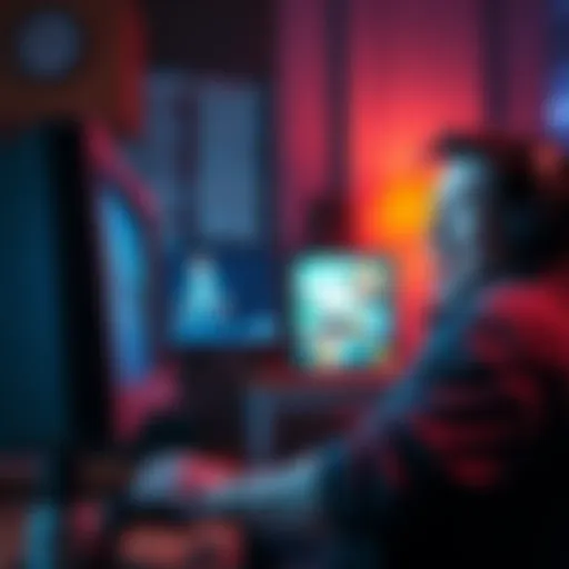 A gamer sitting in front of a computer, excitedly playing GTA IV, with the character Nico visible on the screen.