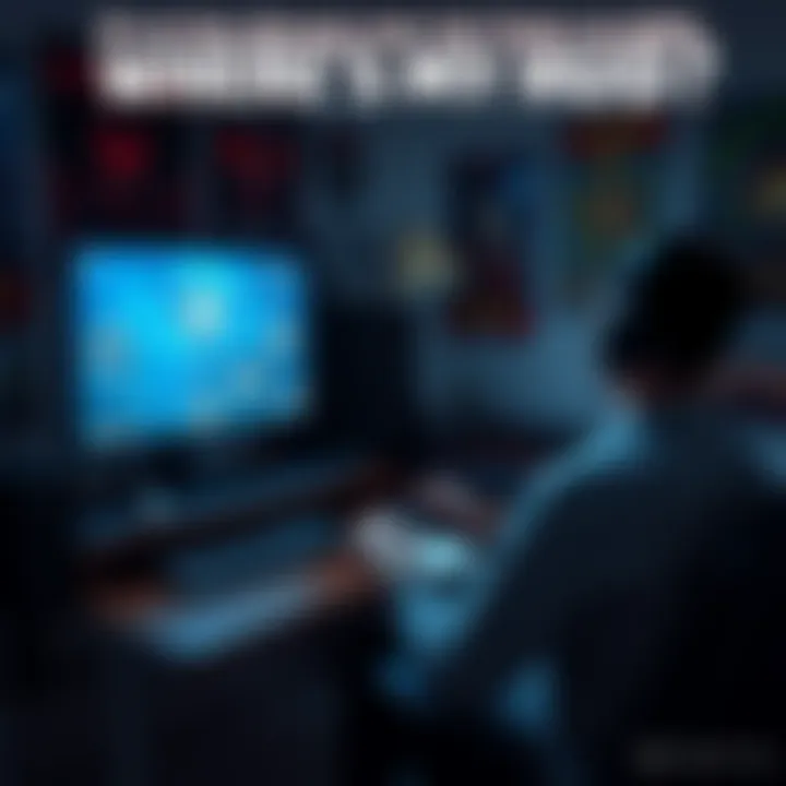 A person sits at a computer desk, focused on the screen showing Quake gameplay. The interface is missing the HUD, highlighting the player's confusion. Surrounding the desk are classic game posters and...