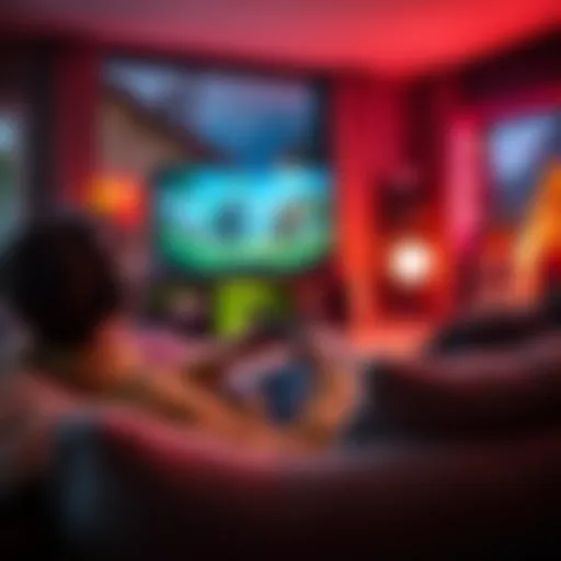 A person sitting comfortably on a couch with a game controller, enjoying a survival RPG on a TV screen in a cozy living room setting at night