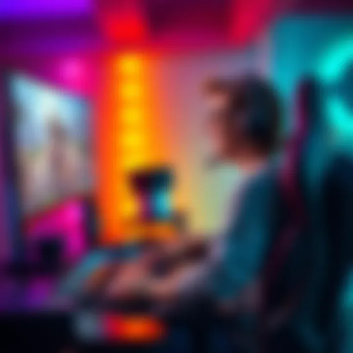 Excited gamer preparing to play Smite 2 A person sitting at a gaming setup, looking excited and ready to play Smite 2, with game visuals on the screen and gaming gear around