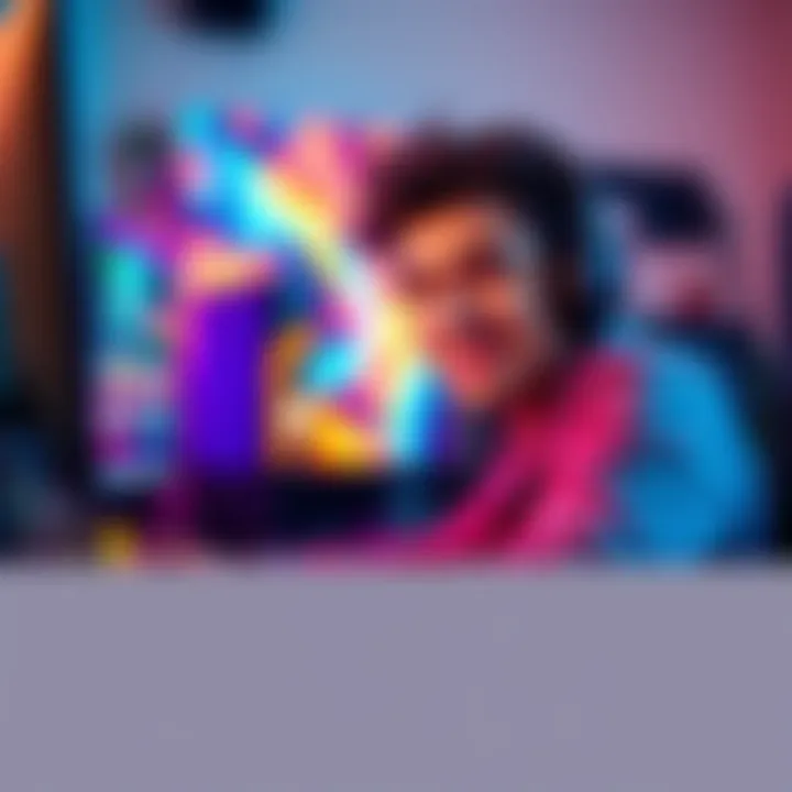 A person smiling while playing video games with a colorful gaming setup