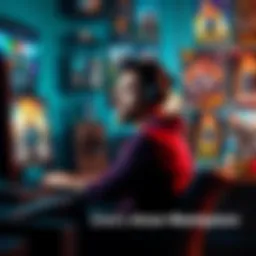 A person sits in front of a computer, playing a video game with a thoughtful expression, surrounded by game posters and awards, showcasing personal growth through gaming.