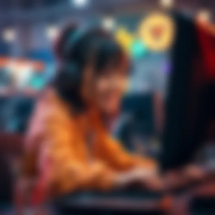 A female gamer smiling while playing video games on a computer, aiming to connect with new gaming friends for Diablo and Fallout titles.