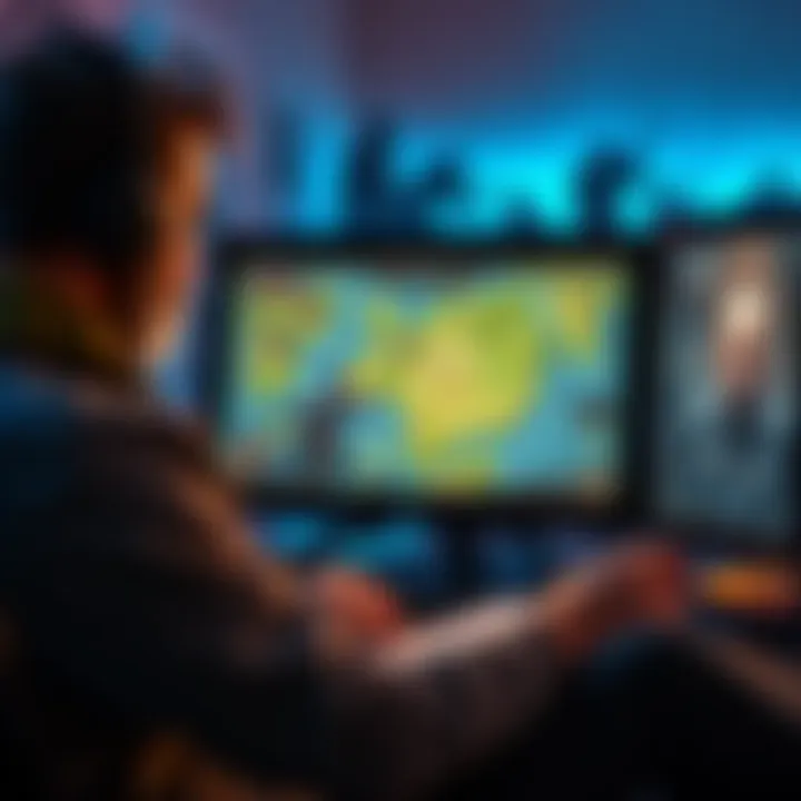 A gamer looking at a map on their computer screen, surrounded by notes and game art, focused on finding hidden quests and story details.