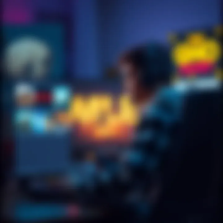 Gamer searching for unique games A gamer sitting in front of a computer, looking at various game options, with a focus on lesser-known titles and posters of popular game franchises