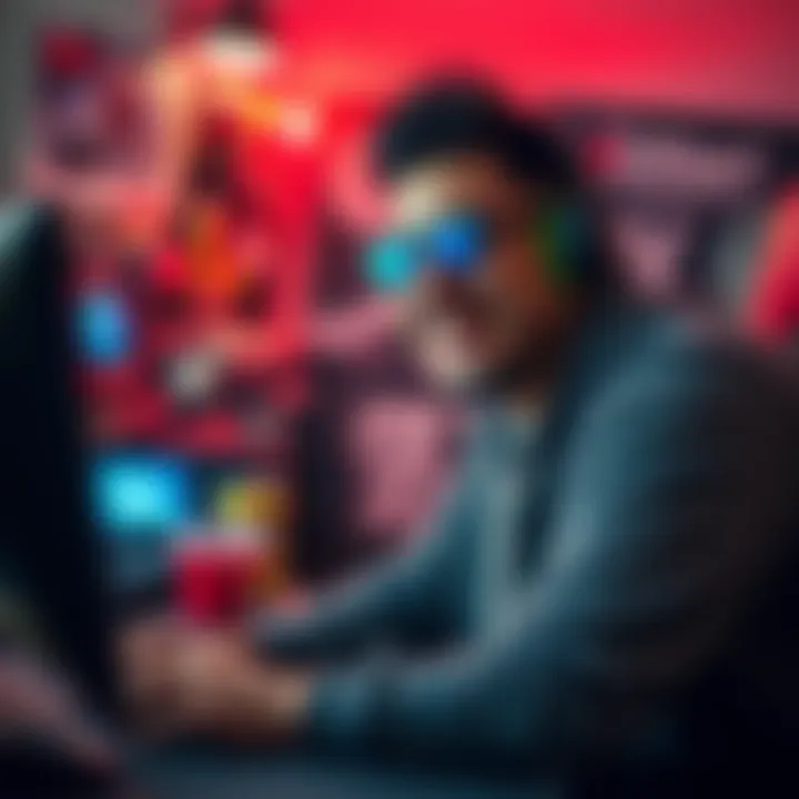 A 28-year-old gamer smiling while playing video games on a console, surrounded by gaming equipment and snacks, looking for funny friends to join gaming sessions.