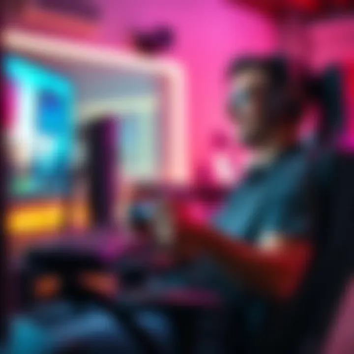 A 34-year-old male gamer sitting in a gaming chair, looking at a computer screen with a controller in hand, expressing a friendly vibe while playing video games.