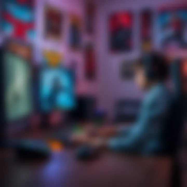 A gamer sitting at a desk, looking at a computer screen with gaming posters on the wall, while typing on a keyboard to ask for help on forums for online trophies.