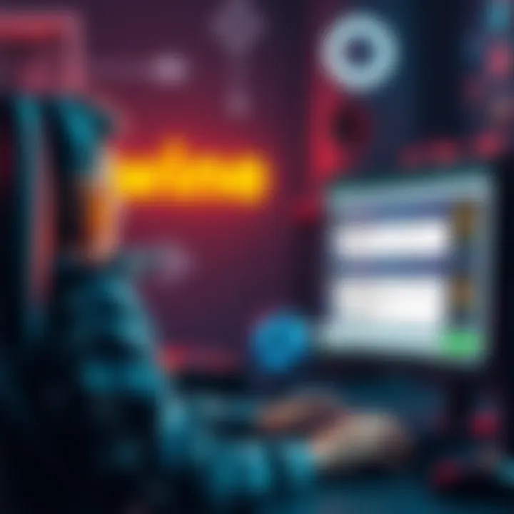 A gamer looking frustrated while playing a game on their computer, with a chat window open showing requests for assistance and in-game items.