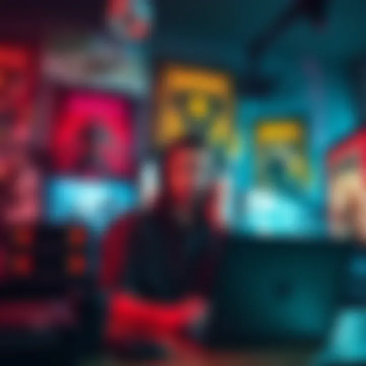 A gamer sitting at a desk surrounded by game posters, looking frustrated while browsing forums for looter game suggestions.