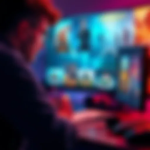 Gamer Seeking Game Recommendations A gamer looks at a computer screen filled with game posters while jotting down notes, expressing a desire for games similar to Horizon Forbidden West.