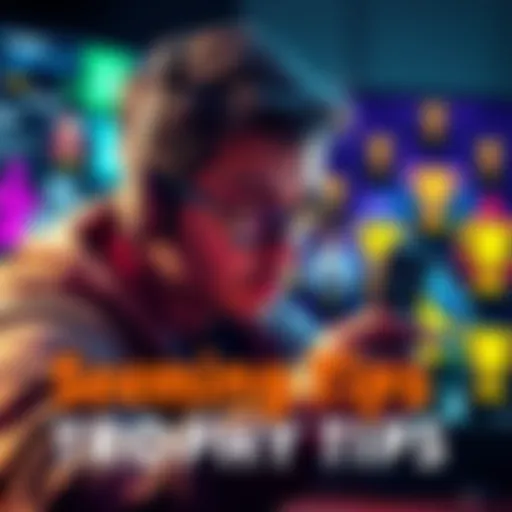 A focused gamer looking at a screen with trophy icons, brainstorming tips for completing challenges in Legends.