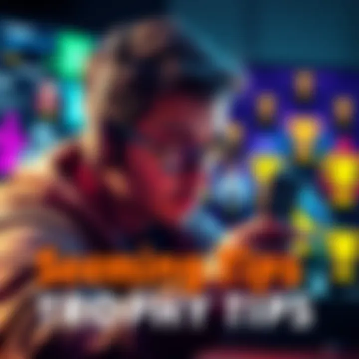 A focused gamer looking at a screen with trophy icons, brainstorming tips for completing challenges in Legends.