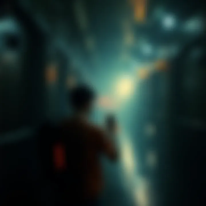 A gamer immersed in the eerie atmosphere of Sevastopol from Alien: Isolation, surrounded by dark corridors and flickering lights, reflecting a mix of fear and comfort.