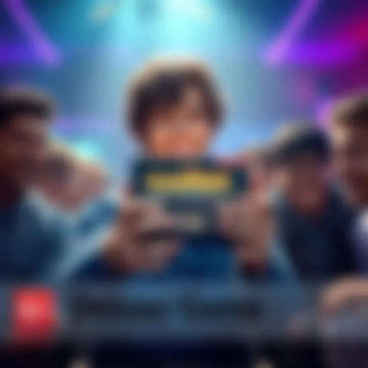 Gamer sharing deluxe edition game A person holding a deluxe edition game box with a smile, surrounded by friends in a gaming setting