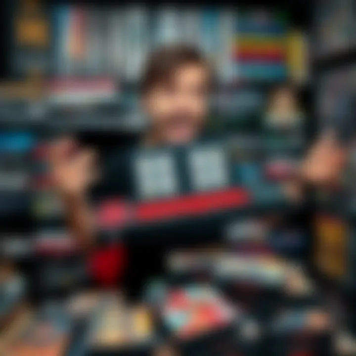 Gamer with Steam Deck and game library A gamer holding a Steam Deck surrounded by game cases, showing excitement and confusion about their growing game collection