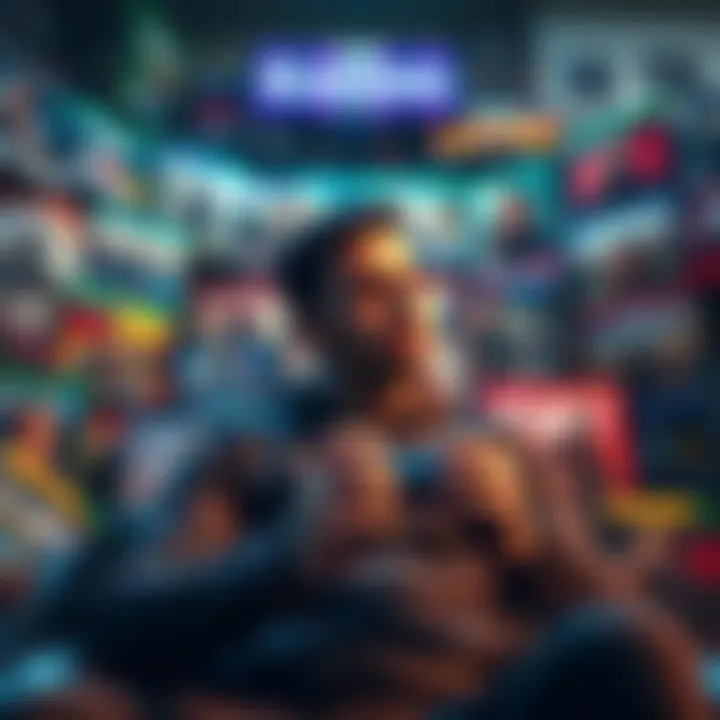 A gamer surrounded by various video game covers, looking thoughtful while holding a controller, showcasing their search for engaging narratives like RDR2.