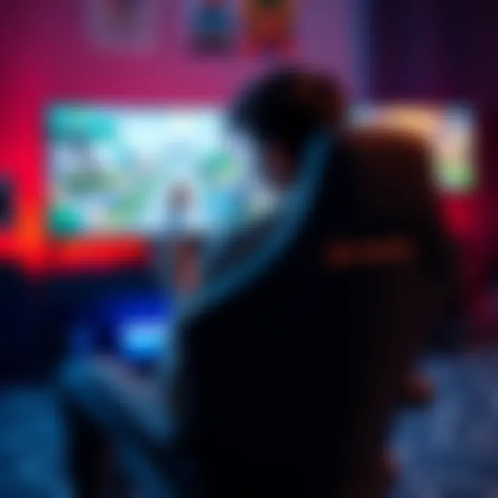 A gamer sits back in their chair, looking tired after a long gaming session, with a game controller in hand and a game on screen showing a colorful game world.