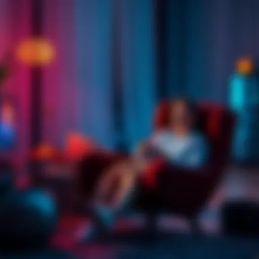 A gamer relaxing in a cozy chair with a controller in hand, a drink nearby, and a peaceful atmosphere, representing strategies to enjoy gaming without fatigue.